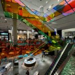 Colourful elevators inside New Yorks Saks Fifth shopping mall.