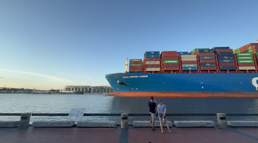 Cargo ship sailing on the Savannah river. Exploring Savannah.