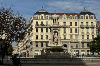 view of fountain and renaissance building in lyon france