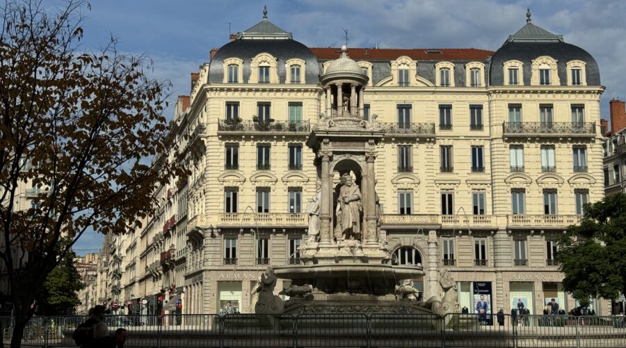 view of fountain and renaissance building in lyon france