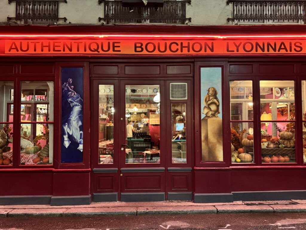 front door view of bistro or bouchon in lyon france