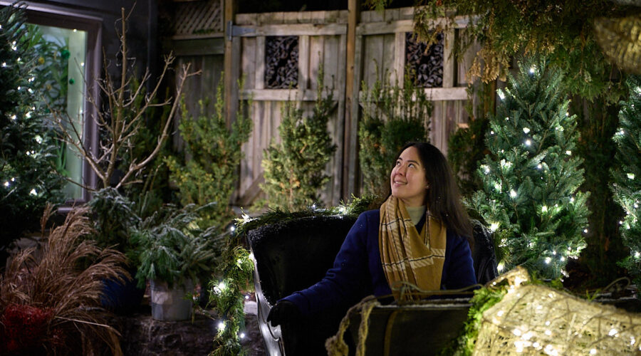 A woman in a navy blue coat and plaid scarf sits in a sleigh by a warmly lit shop setting, gazing up at the twinkling holiday lights. Surrounded by decorated Christmas trees and greenery, she appears calm and excited for her next adventure. Having a great travel bag can tame pre-travel anxiety, keeping essentials secure so you can enjoy magical moments like this without stress. With the right preparation, overcoming travel jitters turns every trip into a smooth and joyful experience.